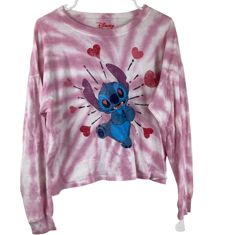 NWT Disney Stitch Long Sleeve Tee Sz M Pink Tie Dye Crop Top Oversized
